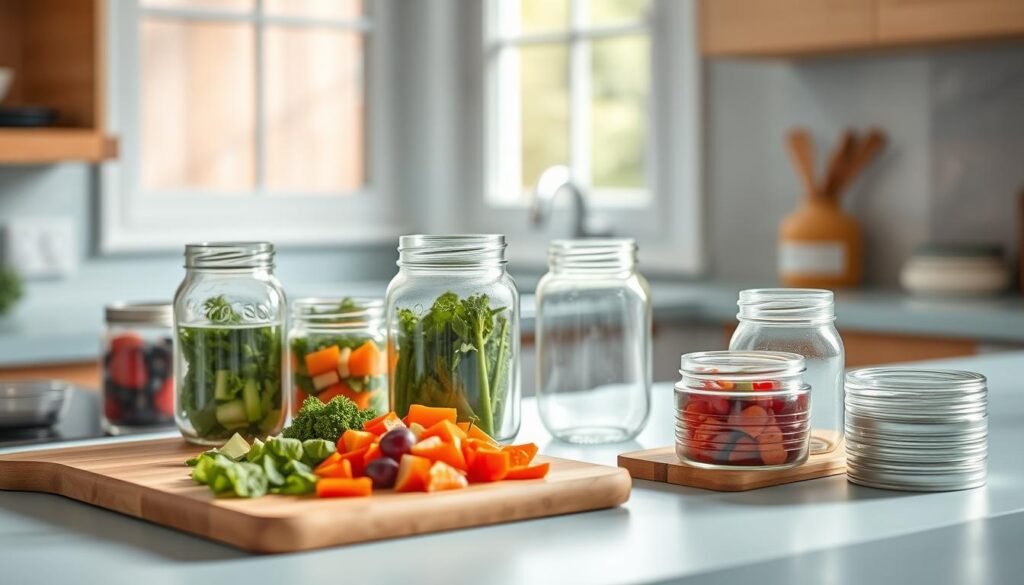 A bright, airy kitchen counter showcases various meal prep storage solutions. Glass mason jars of different sizes sit neatly arranged, their lids sealed tight. Nearby, a wooden cutting board displays freshly chopped vegetables, ready to be portioned into the jars. The countertop is finished with a light blue laminate, complementing the natural wood tones. Soft, diffused lighting from a window casts a warm glow, highlighting the organized yet inviting scene. A small stack of empty jars waits to be filled, hinting at the versatility of this meal prep system. The overall atmosphere conveys efficiency, simplicity, and a thoughtful approach to healthy eating.