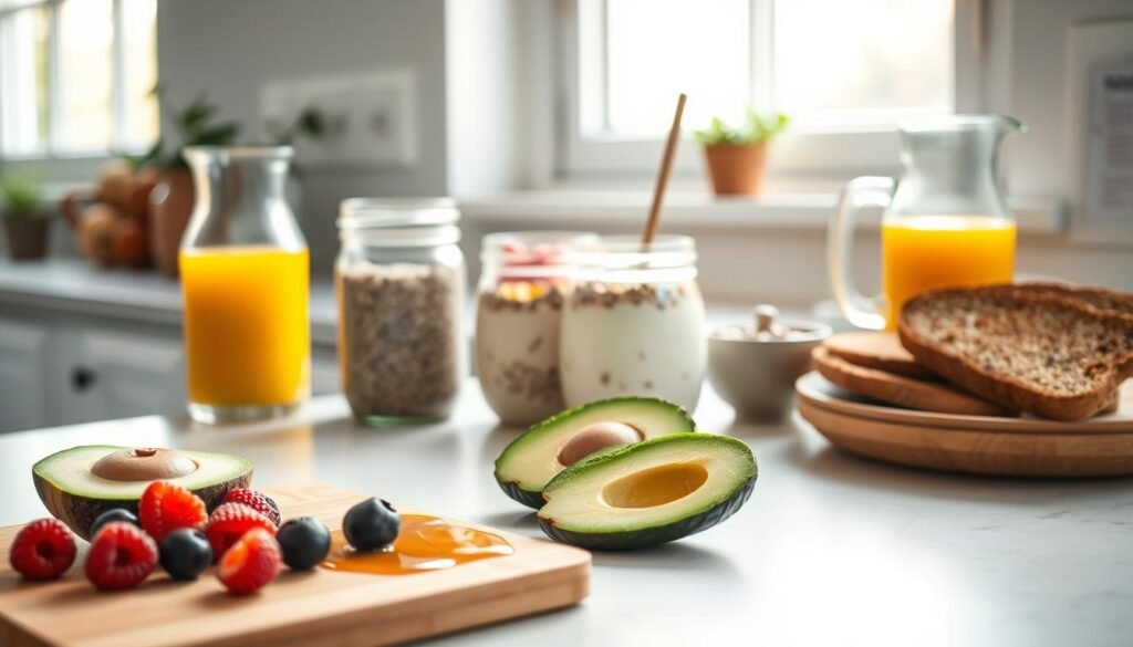 A bright, airy kitchen counter with a selection of fresh, nutrient-dense breakfast ingredients arranged neatly. In the foreground, a cutting board with sliced avocado, berries, and a drizzle of honey. Nearby, glass jars filled with overnight oats, chia pudding, and Greek yogurt. A carafe of freshly squeezed orange juice and a plate of whole-grain toast complete the scene. Soft, natural lighting from large windows bathes the setup in a warm, inviting glow. The overall atmosphere is one of wellness, organization, and the promise of a wholesome, energizing start to the day.
