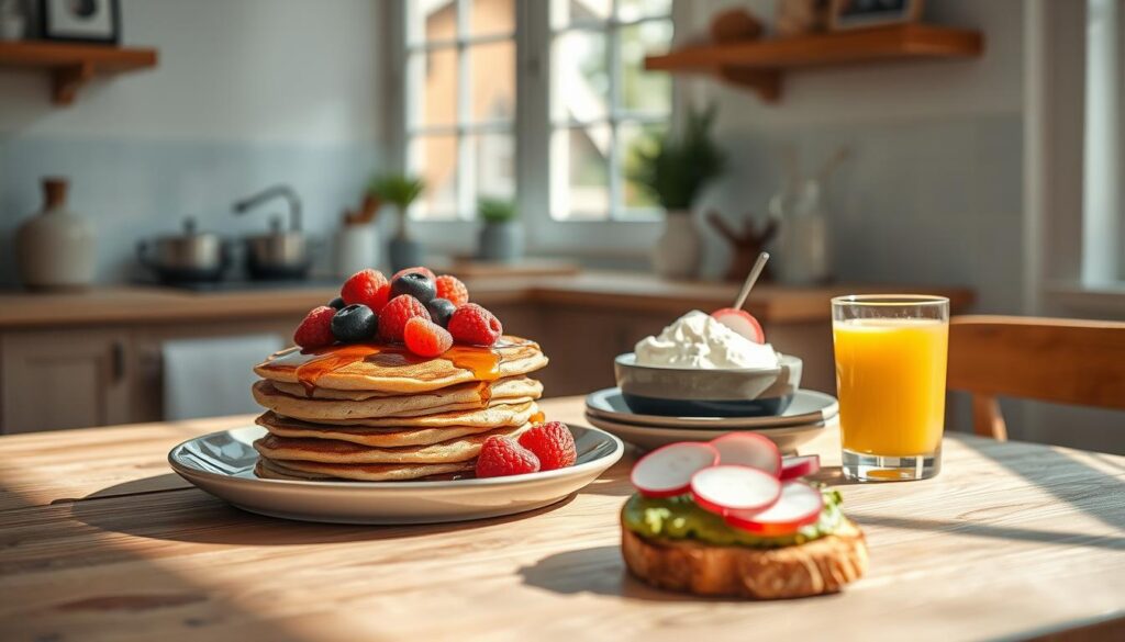 A bright, airy kitchen filled with natural light pours over a rustic wood table. Artfully arranged on the table are an assortment of dairy-free breakfast items: a stack of fluffy whole grain pancakes drizzled with maple syrup, a bowl of creamy coconut yogurt topped with fresh berries, a plate of avocado toast with crisp radish slices, and a glass of freshly squeezed orange juice. Gentle shadows cast by the soft lighting create a warm, inviting ambiance, accentuating the earthy tones and clean, minimalist aesthetic of the scene.