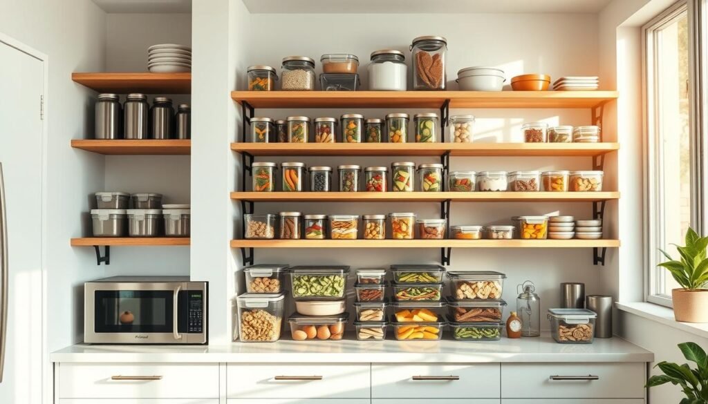 A bright, airy kitchen filled with wooden shelves and storage containers in various sizes. Glass jars and meal prep containers neatly organized, showcasing colorful, portioned meals. Sleek, stainless steel appliances including a modern microwave, hinting at efficient reheating techniques. Soft, natural light filters in through large windows, casting a warm glow on the tidy meal prep setup. The overall atmosphere radiates a sense of order, practicality, and a well-thought-out approach to healthy, make-ahead eating.