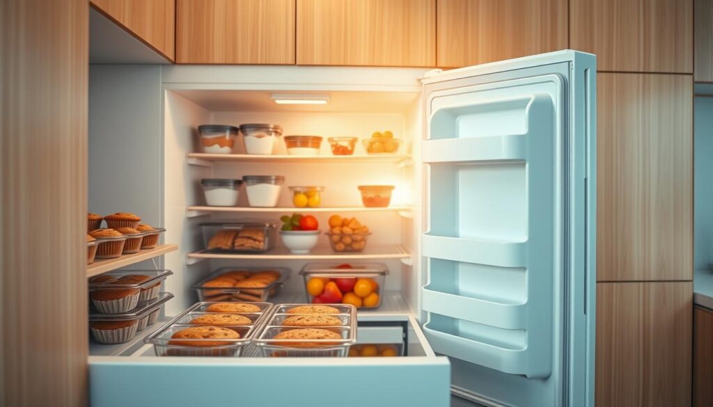 A bright, airy kitchen interior with wooden cabinetry and light blue accents. In the foreground, an open freezer reveals neatly organized trays of frozen breakfast items - muffins, breakfast sandwiches, and portioned smoothie packs. On the middle shelf, a fridge showcases glass containers filled with fresh fruits, yogurt, and ready-to-reheat breakfast casserole. Warm, natural lighting cascades over the scene, highlighting the clean, minimalist aesthetic. The overall mood is one of organized efficiency and culinary preparedness, inviting the viewer to envision a stress-free, delicious morning routine.