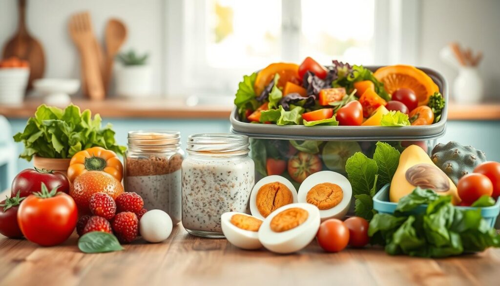 A bright, airy kitchen scene with a wooden table, soft blue accents, and an assortment of fresh, healthy no-heat lunch items. In the foreground, a selection of vibrant fruits, vegetables, and protein-rich ingredients like nut butters, hummus, and hard-boiled eggs are neatly arranged. In the middle ground, a glass jar filled with overnight oats or chia pudding sits alongside a colorful salad in a portable container. The background features a minimalist, light-filled space with clean lines and natural textures, creating a calming, inviting atmosphere. The composition emphasizes the ease and versatility of these nourishing, allergen-free lunchbox meals that can be prepared without any heating.
