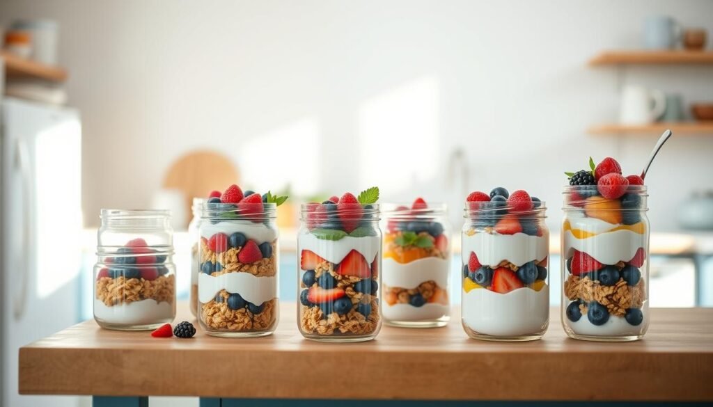 A bright, airy kitchen setting with a wooden kitchen island and light blue accents. On the island, an assortment of glass jars and containers hold neatly layered breakfast parfaits, each featuring colorful layers of yogurt, granola, and fresh berries. The parfaits are arranged in a visually appealing manner, highlighting their texture and vibrant hues. The natural light filters in, casting a warm glow on the scene, emphasizing the freshness and healthiness of the parfaits. The overall atmosphere is one of organization, simplicity, and a focus on nutritious morning meals.