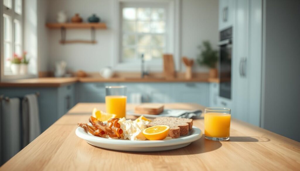 A bright, airy kitchen with a wooden table, white countertops, and subtle blue accents. On the table, a balanced breakfast spread - crisp bacon, fluffy scrambled eggs, juicy orange slices, whole grain toast, and a glass of fresh orange juice. Soft, diffused lighting illuminates the scene, casting gentle shadows and highlighting the natural textures. The overall atmosphere is one of health, harmony, and the simple pleasure of a nourishing start to the day.
