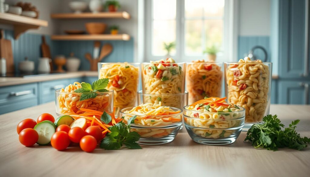 A bright, airy kitchen with light blue accents and wooden textures showcases an assortment of creative pasta salad variations. In the foreground, a selection of colorful ingredients like cherry tomatoes, cucumber slices, shredded carrots, and chopped herbs are neatly arranged. In the middle ground, several glass bowls filled with different pasta salad recipes, each with its own unique blend of flavors and textures, are presented. The background features a minimal, clutter-free setting with natural light streaming in through a window, casting a warm, inviting glow over the scene. The overall mood is fresh, appetizing, and visually appealing, capturing the essence of "Creative Pasta Salad Variations for Cold Lunches".