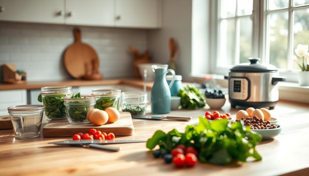 A bright, airy kitchen with natural light filtering through large windows. On a clean, wooden countertop, an assortment of meal prep essentials laid out in an organized fashion: glass containers, a cutting board, a knife set, a blender, a small slow cooker, and various fresh ingredients like eggs, greens, and berries. The scene conveys a sense of mindful preparation, with a calming, earthy color palette and soft shadows adding depth and atmosphere. A subtle blue accent, perhaps in the form of a vase or utensil holder, completes the minimalist, inspirational mood.