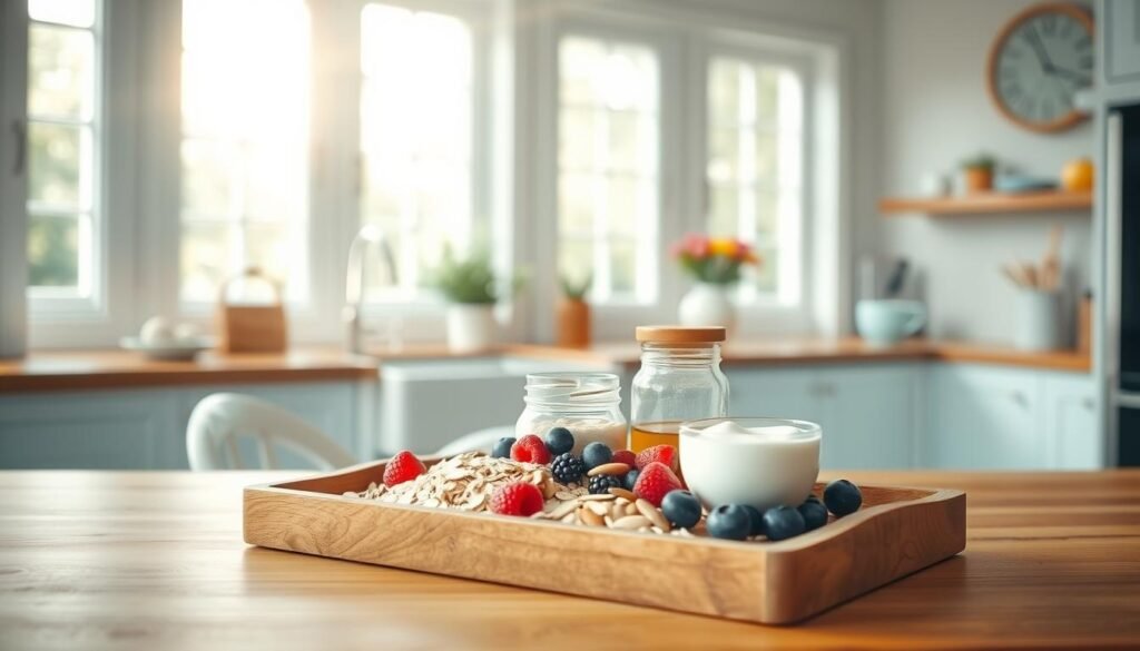 A bright, airy kitchen with natural light streaming in through large windows. On the wooden counter, a rustic tray holds a selection of healthy breakfast ingredients: steel-cut oats, fresh berries, sliced almonds, a glass jar of honey, and a small dish of Greek yogurt. A simple, minimalist aesthetic with light blue accents complements the earthy tones. The setup conveys a sense of nurturing wellness, inviting the viewer to imagine the satisfying texture and flavor of a homemade overnight oats meal.