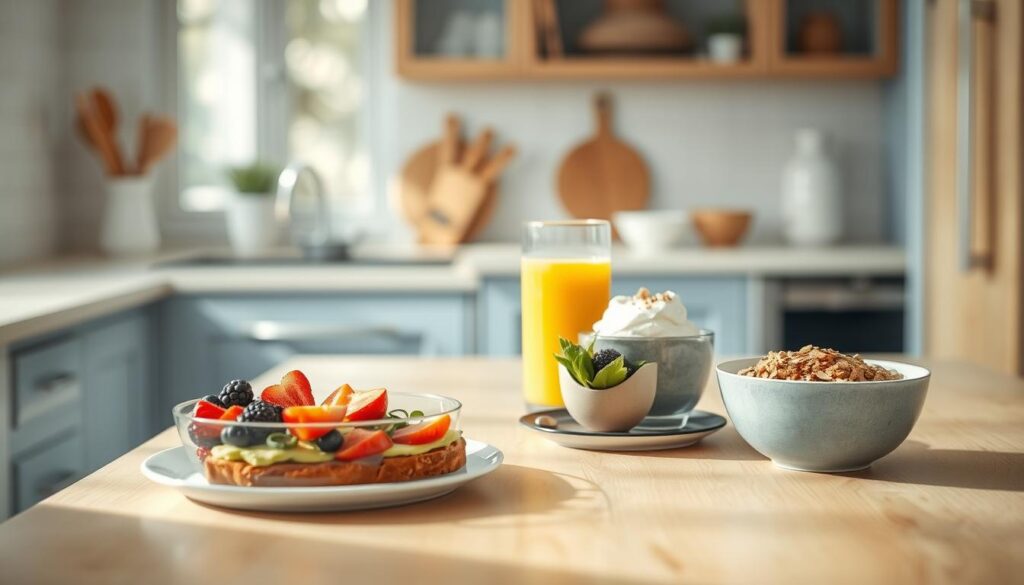 A bright, airy kitchen with natural wooden textures and light blue accents. On the countertop, an array of healthy breakfast alternatives are artfully arranged: a bowl of fresh berries, a plate of whole-grain toast with avocado and sliced tomatoes, a glass of freshly squeezed orange juice, and a bowl of creamy Greek yogurt topped with crunchy granola. The scene is bathed in soft, natural lighting, creating a calm and inviting atmosphere. The focus is on the variety of nutritious options, emphasizing the idea of a balanced, low-sugar start to the day.
