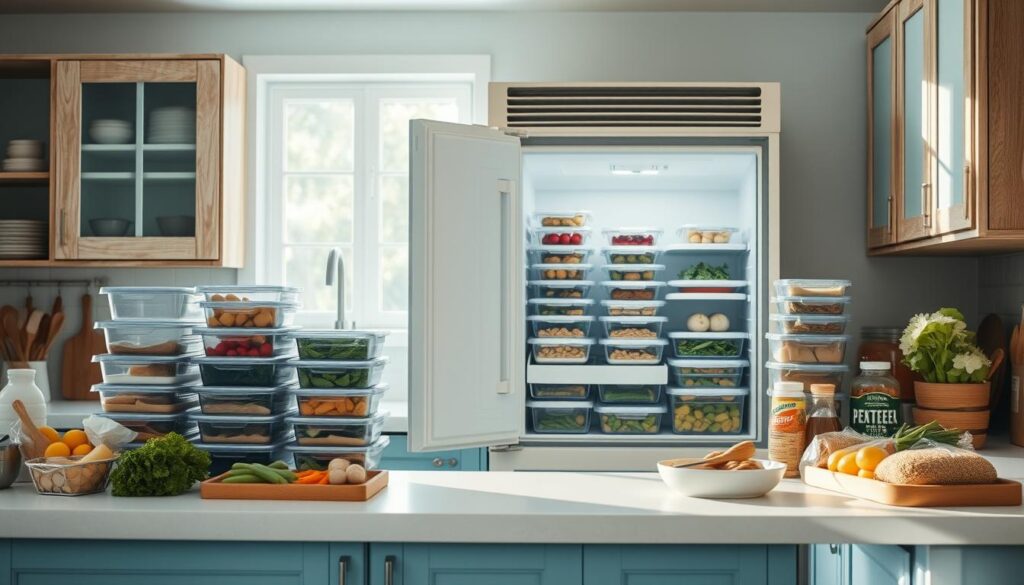 A bright, airy kitchen with rustic wooden cabinets and light blue accents. Neatly organized stacks of reusable containers sit on the counter, ready for meal prep. A selection of fresh ingredients - lean proteins, vegetables, and whole grains - are arranged alongside. A large, industrial-style freezer takes center stage, its door slightly ajar to reveal the carefully labeled and stacked freezer-friendly meals within. Soft, natural lighting casts a warm glow, highlighting the efficient, streamlined process of optimizing freezer meal preparation for busy mornings.
