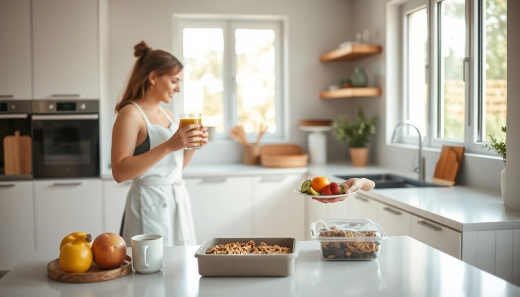 A bright, airy kitchen with sleek white cabinetry and natural wood accents. A woman in a crisp white apron efficiently moving through her morning routine - blending a smoothie, arranging a plate of fresh fruit, and packing a lunchbox with homemade granola. Soft natural light filters in through large windows, casting a warm glow on the scene. The atmosphere is calm and focused, with a sense of organization and mindfulness. A modern, minimalist design aesthetic pervades the space, creating a serene backdrop for the woman's efficient, intentional movements.
