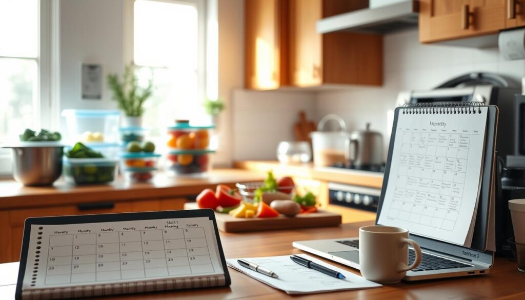 A bright, airy kitchen with warm wooden countertops and cabinets. On the countertop, an array of meal prep containers, measuring cups, and a cutting board with various chopped vegetables. In the foreground, a monthly planning calendar with handwritten notes, alongside a laptop and a mug of coffee. The lighting is soft and natural, casting a gentle glow throughout the space. The atmosphere is one of organization and productivity, reflecting the strategies for batch cooking and monthly meal planning.