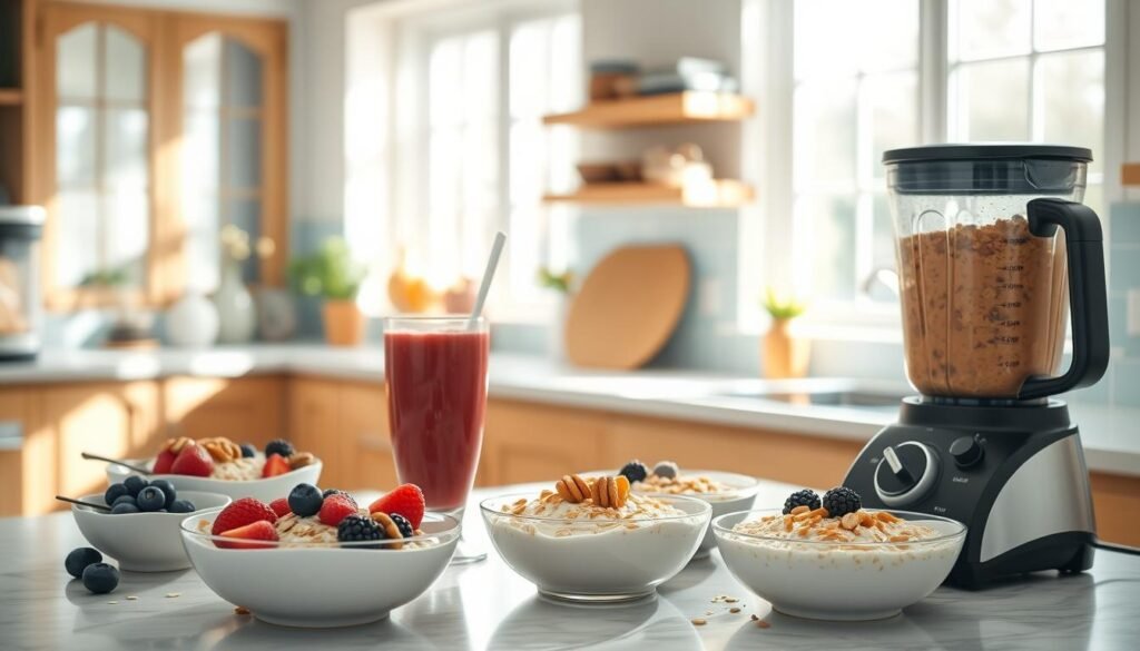 A bright, airy kitchen with wooden cabinetry and a light blue backsplash. Sunlight streams through large windows, casting a warm glow over a countertop display of oat-based breakfast recipes. Meticulously arranged are bowls of creamy oatmeal, topped with fresh berries, nuts, and a drizzle of honey. Nearby, a blender stands ready to whir up luscious smoothies, their vibrant colors hinting at the natural flavors within. The scene exudes a sense of health and nourishment, inviting the viewer to savor a wholesome, low-sugar start to the day.