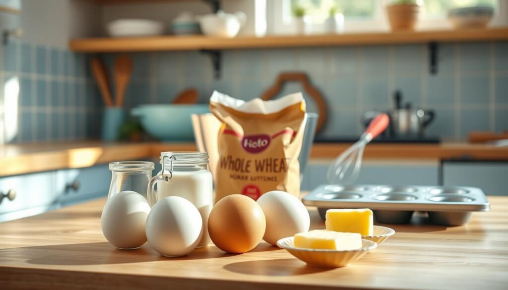 A bright, airy kitchen with wooden countertops and light blue accents. In the foreground, a collection of essential baking ingredients for quick morning muffins: large eggs, whole milk, a pat of butter, and a bag of whole wheat flour. Behind them, a mixing bowl, a whisk, and a muffin tin stand ready. The scene is bathed in warm, natural light, creating a cozy and inviting atmosphere perfect for a healthy, homemade breakfast.