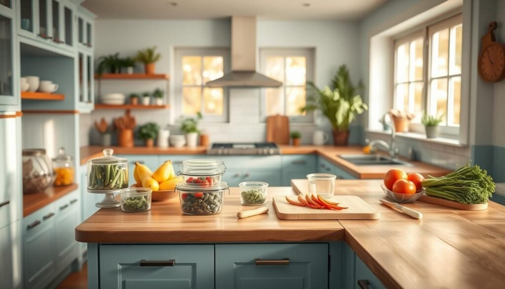 A bright, airy kitchen with wooden countertops and light blue accents. On the counter, a collection of glass containers, cutting boards, and a few fresh ingredients like vegetables and fruits, arranged in a visually appealing layout. The overall mood is one of organization and thoughtful preparation, conveying the idea of planning ahead for nutritious, no-heat lunchbox meals. Warm, natural lighting from large windows casts a soft glow, highlighting the textures and colors. The scene exudes a sense of calm and efficiency, perfectly capturing the essence of "Effective Planning for no heat lunchbox meals make ahead".