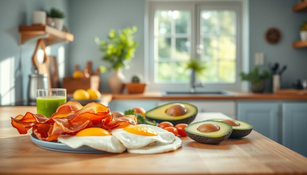 A bright, airy kitchen with wooden countertops and light blue accents. On the countertop, an array of low-carb breakfast items are artfully arranged - crisp bacon, fluffy eggs, avocado slices, and a glass of fresh green juice. The scene is bathed in soft, natural light, emphasizing the healthy, nourishing qualities of the meal. In the background, a window overlooking a lush, green garden adds to the serene, calming atmosphere. The overall mood conveys the benefits of a low-carb, keto-friendly breakfast - increased energy, improved focus, and a sense of well-being.
