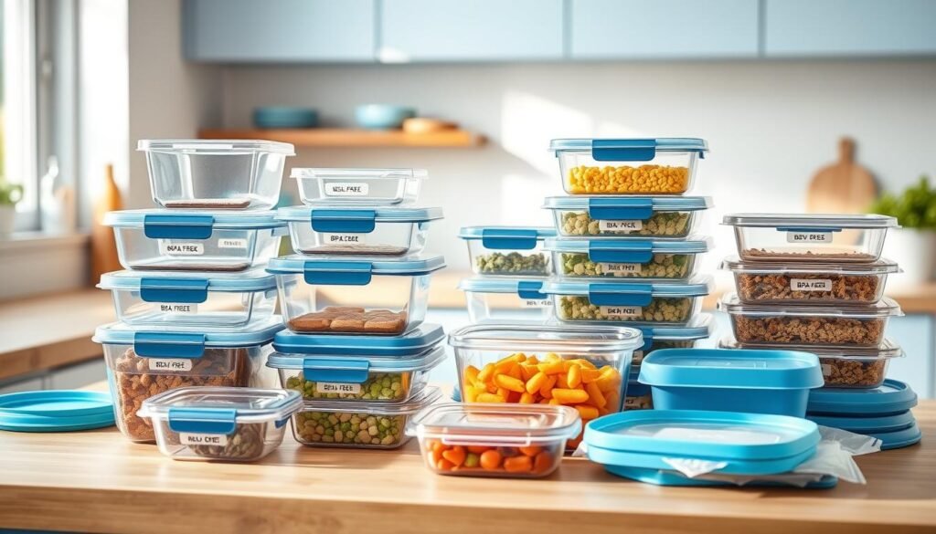 A bright, airy kitchen with wooden countertops and light blue accents. Various meal prep containers, carefully arranged on the countertop, showcase a range of smart storage techniques. Glass and BPA-free plastic containers in various sizes and shapes, neatly stacked and labeled. Silicone lids and reusable freezer bags sit nearby, ready for efficient meal prep. The scene is illuminated by soft, natural light, creating a calming, organized atmosphere perfect for busy mornings.