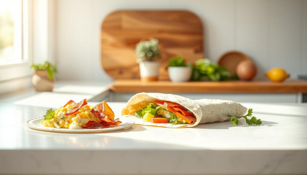 A bright and airy kitchen counter, bathed in soft natural light, with a series of step-by-step illustrations showcasing the assembly of a breakfast wrap. In the foreground, freshly scrambled eggs, crisp bacon, and vibrant veggies are neatly arranged. In the middle ground, a whole wheat tortilla is gently unrolled, ready to receive the fillings. The background features a wooden chopping board, a small pot of fragrant herbs, and a clean, minimalist aesthetic with light blue accents, creating a calming and inviting atmosphere.