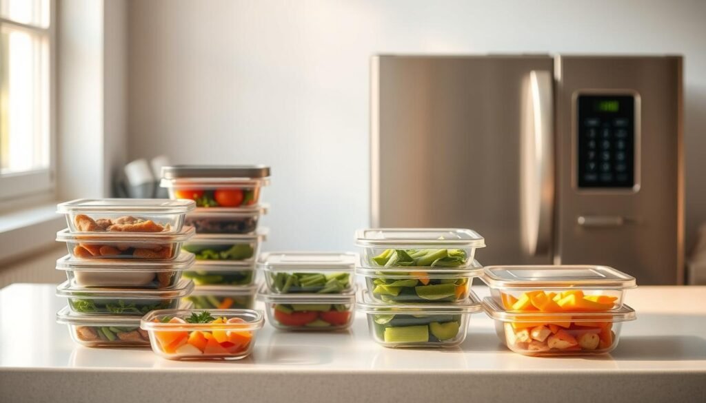 A bright and airy kitchen counter with an assortment of meal prep containers, some open and filled with freshly prepared ingredients, others stacked neatly for easy access. The containers are made of clear glass or BPA-free plastic, allowing the food within to be clearly visible. In the background, a sleek microwave oven and a compact, energy-efficient refrigerator sit side by side, ready to assist with the reheating and storage of the prepped meals. Warm, natural lighting cascades through the window, casting a soft glow over the organized, minimalist space, creating a sense of tranquility and efficiency.