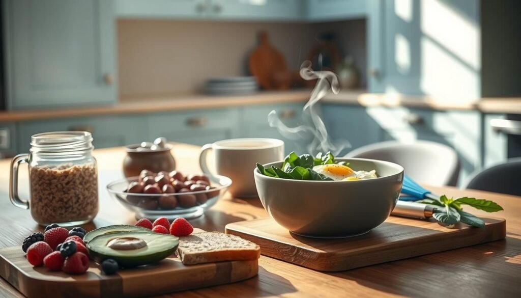 A bright and airy kitchen scene, with a wooden table showcasing an array of fresh ingredients for a nourishing morning meal. Soft natural light streams in, casting a warm glow over the scene. In the foreground, a cutting board holds sliced avocado, vibrant berries, and whole grain toast, while a glass jar of overnight oats sits nearby. In the midground, a ceramic bowl filled with scrambled eggs and sautéed spinach takes center stage, complemented by a steaming mug of herbal tea. The background features minimalist cabinetry in light blue, hinting at the organization and efficiency of a meal prep routine. The overall atmosphere exudes a sense of simplicity, wellness, and the peaceful start to a productive day.