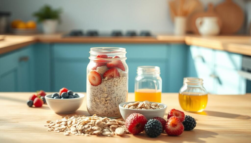 A bright and airy kitchen scene with wooden countertops and light blue accents. In the foreground, a selection of diabetic-friendly ingredients is neatly arranged: rolled oats, chia seeds, berries, sliced almonds, and a jar of honey. The middle ground features a glass mason jar filled with overnight oats, garnished with fresh fruit. Soft, natural lighting filters in, casting a warm glow over the scene. The background is minimalist, allowing the ingredients to take center stage. The overall mood is one of health, simplicity, and culinary inspiration.