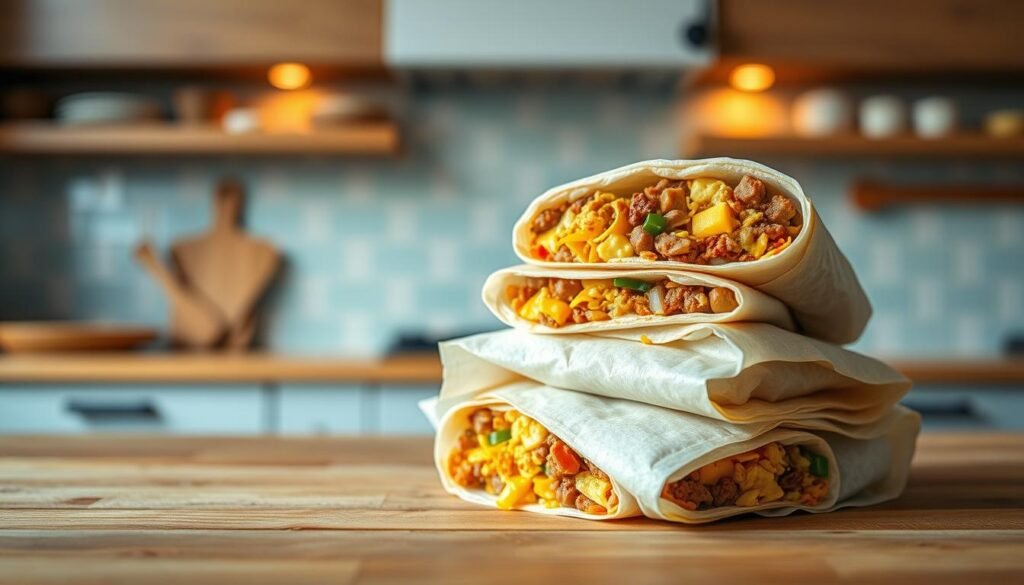 A bright and airy kitchen setting with a wooden table in the foreground, displaying a stack of freshly prepared breakfast burritos wrapped in parchment paper. The burritos are filled with scrambled eggs, crumbled sausage, melted cheddar cheese, and diced peppers and onions. Warm lighting from overhead casts a cozy glow, highlighting the rustic, homemade feel. In the background, a minimalist backsplash in soft blue hues complements the natural wooden textures. The scene conveys a sense of wholesome, make-ahead meal prep for busy mornings.