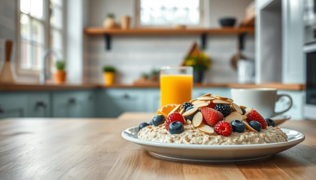 A bright and airy kitchen with wooden countertops and light blue accents. In the foreground, a plate overflows with a generous portion of nutrient-rich overnight oats, topped with fresh berries, sliced almonds, and a drizzle of honey. The middle ground features a glass of freshly squeezed orange juice and a cup of steaming coffee. In the background, a large window floods the space with natural light, creating a warm and inviting atmosphere. The scene captures the benefits of a calorie-controlled, nutrient-dense breakfast, perfect for weight management.