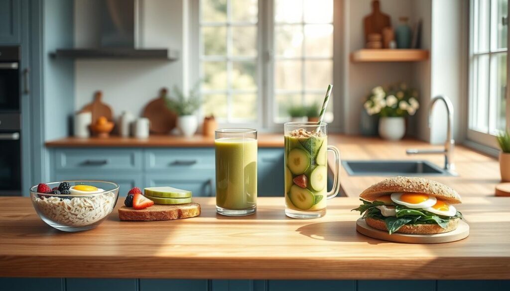 A bright and airy kitchen with wooden countertops and light blue accents. On the counter, a variety of healthy breakfast meal prep options are neatly arranged: steel-cut oats with fresh berries, avocado toast with a soft-boiled egg, a colorful smoothie bowl with granola and sliced kiwi, and a whole grain breakfast sandwich with sautéed spinach and a poached egg. The natural light streams in through large windows, casting a warm glow over the scene. A minimalist aesthetic pervades, with clean lines and simple, uncluttered presentation that emphasizes the fresh, nutritious ingredients.