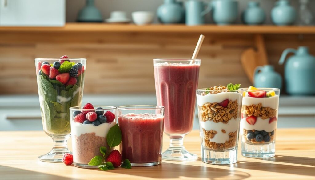 A bright and inviting kitchen scene with an assortment of quick breakfast smoothies and parfaits. In the foreground, an array of colorful smoothie ingredients - fresh berries, Greek yogurt, spinach, and protein powder - blended together in transparent glasses. In the middle ground, several parfait cups filled with layers of granola, fruit, and creamy yogurt. Soft natural lighting filters through the windows, casting a warm glow on the scene. The background features a minimalist wooden countertop and shelves, accented with light blue ceramic vessels. The overall atmosphere is one of simplicity, nourishment, and a sense of calm efficiency - the perfect start to a busy workday.