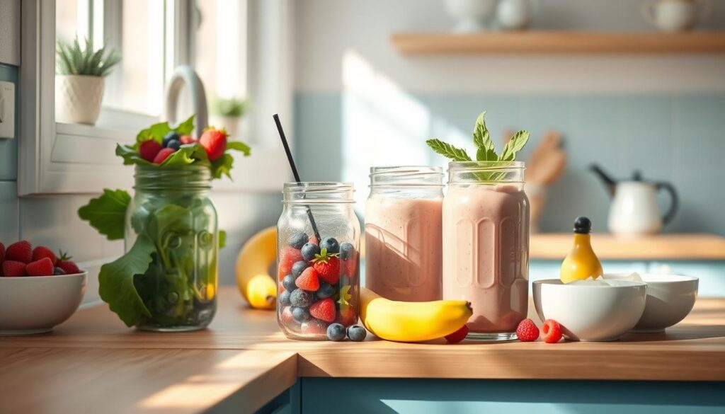 A bright, breezy kitchen scene with a wooden counter and light blue accents. Freshly blended smoothie ingredients in glass jars - ripe bananas, fresh berries, leafy greens, and creamy yogurt - artfully arranged, casting soft shadows. Natural light streams in through a window, illuminating the healthy, no-cook breakfast options. The scene exudes a sense of simplicity and ease, capturing the spirit of quick, nourishing smoothie recipes to start the day.