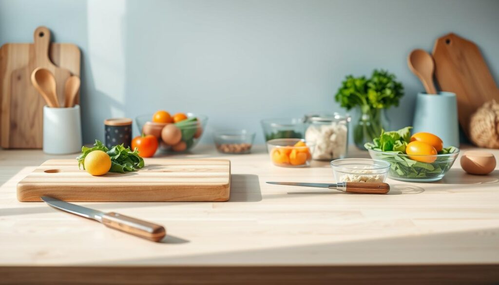 A bright, minimalist kitchen countertop with wooden surfaces and light blue accents. On the counter, various meal prep tools and ingredients are neatly arranged, including a cutting board, knife, glass containers, and fresh produce. The scene captures the essence of effortless, time-saving meal preparation techniques, conveying a sense of organization and efficiency. Soft, directional lighting illuminates the scene, highlighting the textures and creating a warm, inviting atmosphere. The composition emphasizes the simplicity and practicality of the meal prep process, inspiring the viewer to adopt these techniques for their own balanced, bowl-based lunches.