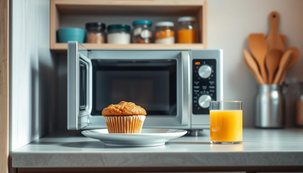 A bright, minimalist kitchen interior with a medium-sized microwave oven in the foreground. On the counter, a plate with a freshly baked breakfast muffin sits next to a glass of orange juice. In the background, shelves display various cooking ingredients and utensils. Soft, natural lighting casts a warm glow, highlighting the wooden textures and light blue accents throughout the space. The composition emphasizes the step-by-step process of preparing a quick, protein-rich breakfast in a college dorm using only a microwave oven.