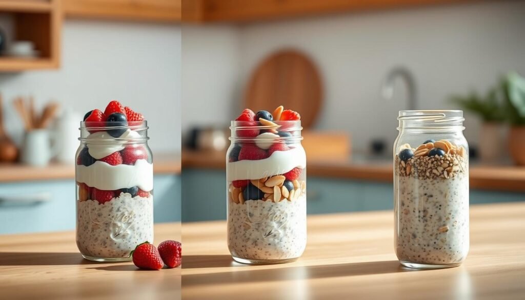 A bright, minimalist kitchen with warm wooden tones and light blue accents. On the counter, a glass mason jar filled with perfectly layered overnight oats, topped with fresh berries and a drizzle of honey. Next to it, the preparation process unfolds in three sequential steps: first, combining oats, milk, and yogurt in the jar; second, adding sliced almonds, chia seeds, and maple syrup; and third, gently stirring the mixture and sealing the jar for an overnight chill. Soft, natural lighting illuminates the scene, showcasing the simple yet nourishing ingredients. The overall mood is calm, cozy, and inviting, perfectly capturing the essence of an effortless, protein-rich breakfast.