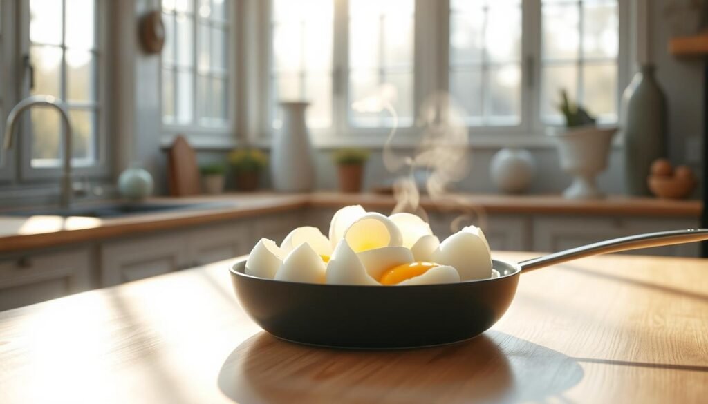A bright, spacious kitchen filled with natural light streams through large windows. On the clean, wooden countertop, a set of freshly cracked egg whites gently sizzle in a non-stick pan, their delicate, fluffy folds slowly taking shape under the watchful eye of an unseen chef. The scene is punctuated by soft, blue-grey accents and carefully curated minimalist decor, creating a calming, inviting atmosphere perfect for capturing the step-by-step process of this healthy, cholesterol-lowering recipe.
