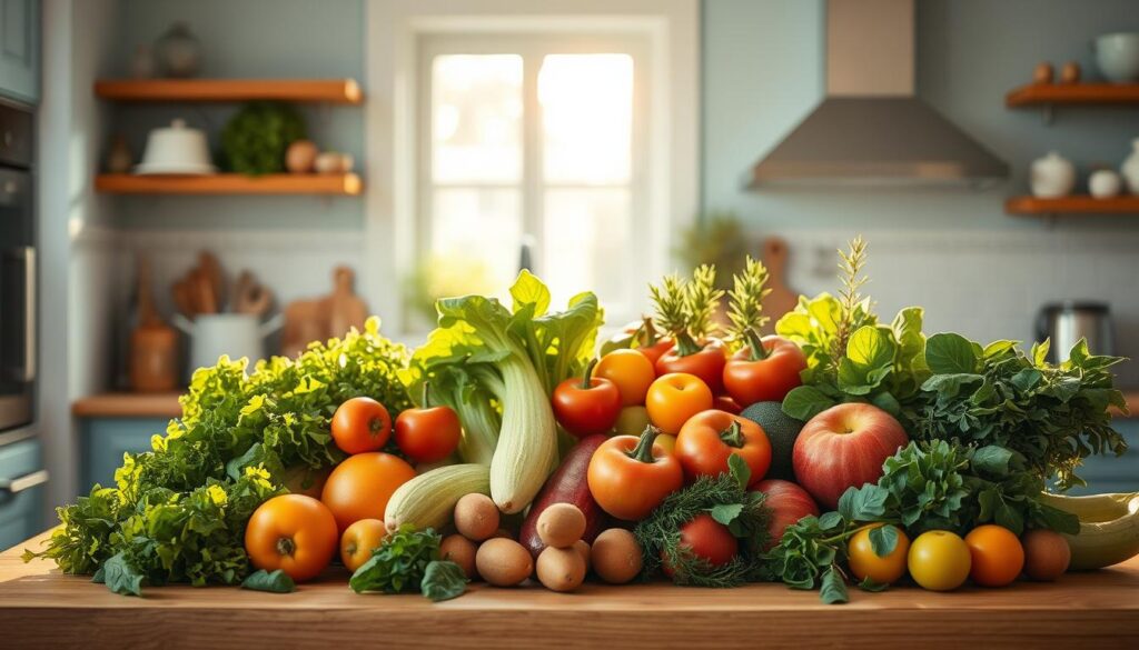 A brightly lit, minimal kitchen interior with warm wooden textures and soft blue accents. On a wooden countertop, an assortment of fresh seasonal produce is carefully arranged - vibrant leafy greens, crisp vegetables, ripe fruits, and fragrant herbs. The produce is bathed in a warm, natural light, casting gentle shadows and highlighting the intricate details and colors. The scene conveys a sense of abundance, quality, and the joy of choosing the best seasonal ingredients for a delicious, nourishing meal.