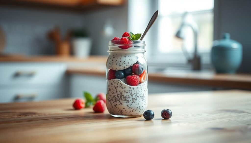A calming, minimalist kitchen scene with a wooden table in the foreground, featuring a mason jar filled with overnight oats and chia pudding, topped with fresh berries, mint leaves, and a spoon. The jar is set against a backdrop of soft, natural lighting filtering through a window, accentuating the textures of the wooden surface and light blue accents. The overall mood is one of simplicity, nourishment, and a sense of thoughtful preparation for a healthy, satisfying breakfast.