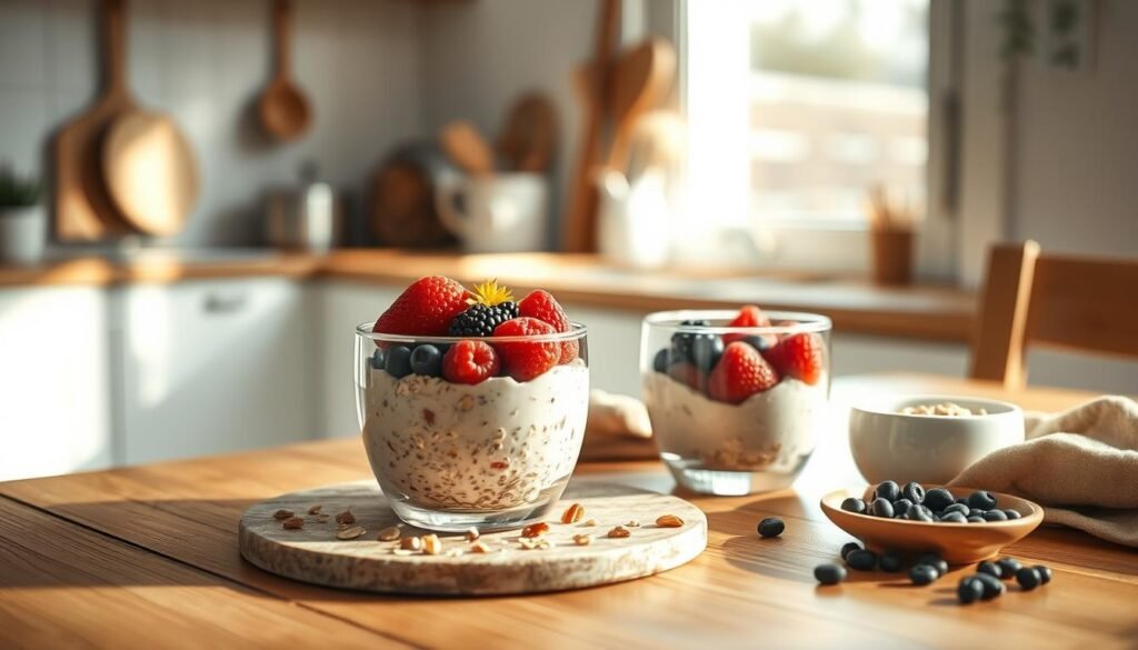 A carefully arranged breakfast tableau on a wooden kitchen table, featuring a bowl of overnight oats topped with fresh berries, a glass of yogurt, and a sprinkling of nuts and seeds. The scene is bathed in soft, natural light filtering through a nearby window, highlighting the vibrant colors and textures of the nutritious ingredients. In the background, simple kitchen utensils and a clean, minimalist aesthetic create a calming, balanced atmosphere, reflecting the holistic benefits of this wholesome meal.