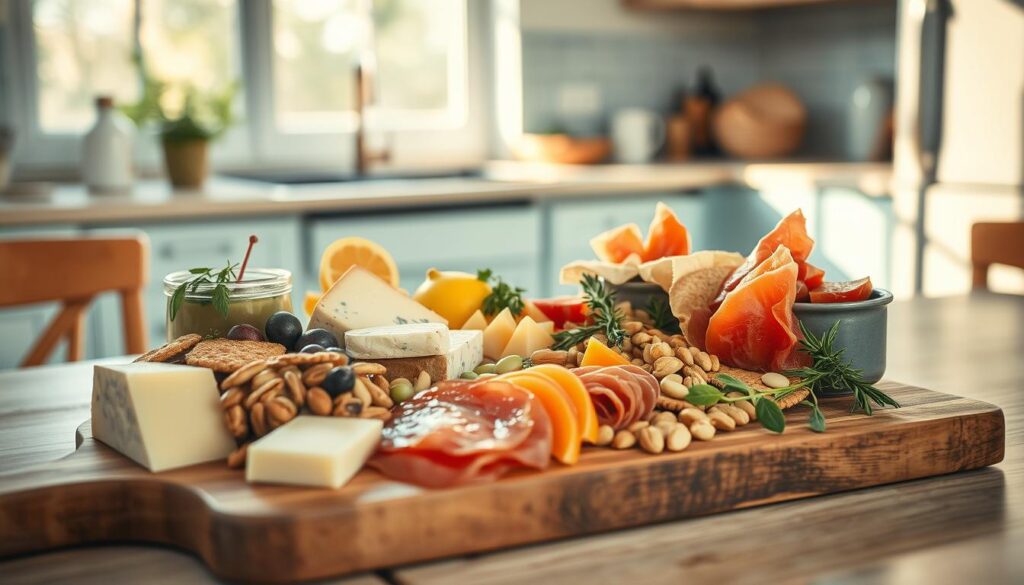A carefully arranged spread of artisanal cheese, cured meats, crackers, fruits, nuts, and fresh herbs, presented on a rustic wooden cutting board. The scene is bathed in warm, natural light filtering through a nearby window, casting soft shadows and highlighting the textures and colors of the ingredients. In the background, a minimalist kitchen with light blue accents and wooden details provides a cozy, inviting setting for this delectable lunchbox-inspired recipe inspiration.