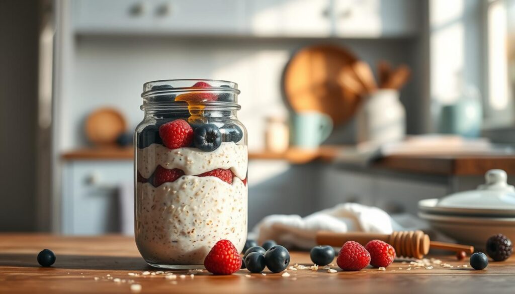 A carefully crafted arrangement of overnight oats in a mason jar, set against a backdrop of a minimalist, cozy kitchen. The jar is filled with layers of creamy oats, dotted with plump berries and a drizzle of honey, casting a warm glow under soft, natural lighting. The kitchen's wooden textures and light blue accents lend a rustic, yet modern aesthetic, inviting the viewer to savor the wholesome, protein-packed breakfast. The scene conveys a sense of simplicity and nourishment, perfectly complementing the 