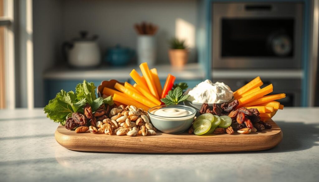 A carefully curated arrangement of balanced snack ingredients sits atop a simple wooden serving board, bathed in warm, diffused lighting. An assortment of crunchy vegetables, creamy dips, salty nuts, and sweet dried fruits are meticulously placed, creating a visually appealing and nutritious display. The clean, minimal kitchen setting with light blue accents provides a serene backdrop, allowing the vibrant colors and textures of the snacks to take center stage. This inviting scene captures the essence of a well-rounded, no-heat lunchbox snack plate, ready to inspire and nourish.