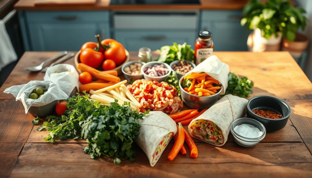 A carefully curated selection of global lunch wrap ingredients arranged on a rustic wooden surface, casting soft, warm shadows in a bright, airy kitchen with light blue accents. An overhead view showcases a vibrant assortment of fresh vegetables, aromatic herbs, tantalizing proteins, and flavorful condiments, all poised to be transformed into delectable, no-heat lunchbox meals. The scene evokes a sense of effortless culinary exploration, ready to inspire the creation of diverse, global-inspired wraps.