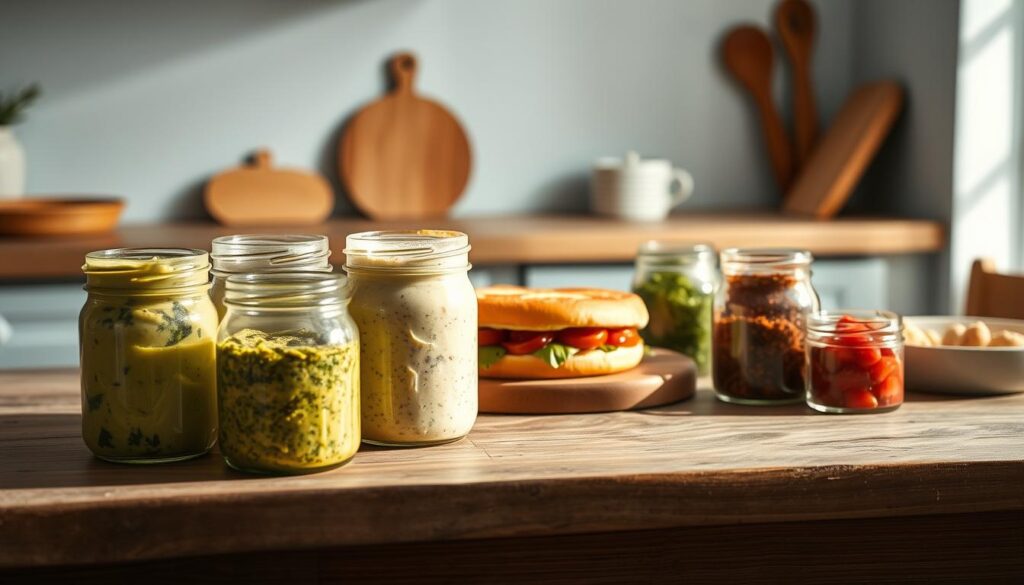A carefully curated selection of homemade breakfast sandwich spreads is beautifully displayed on a rustic wooden table in a cozy, minimal kitchen. The foreground features an assortment of jars containing vibrant, creamy spreads in flavors like avocado, pesto, and roasted red pepper, all bathed in warm, natural lighting. The middle ground showcases a freshly baked, perfectly toasted sandwich bun, hinting at the delicious potential of these flavorful accompaniments. The background is a simple, light blue-accented wall, creating a clean, inviting atmosphere to highlight the essential tips for crafting delectable freezer breakfast sandwiches.