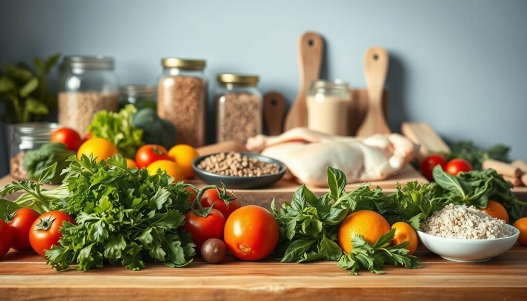 A carefully curated selection of versatile meal components thoughtfully arranged on a wooden kitchen counter, illuminated by soft, natural light. In the foreground, an assortment of fresh produce: crisp greens, vibrant tomatoes, and zesty citrus. Alongside, jars of grains, lentils, and spices, hinting at endless culinary possibilities. In the middle ground, a selection of proteins such as lean chicken, fish, and tofu, each waiting to be transformed into a delectable dish. The background features subtle blue accents, adding a calming, minimalist atmosphere to the scene, encouraging creativity and experimentation in the kitchen.