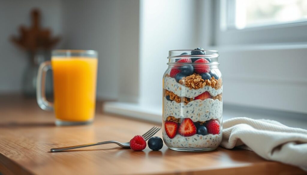 A clean, minimalist kitchen counter with a wooden surface, a mason jar filled with colorful layers of overnight oats, granola, and fresh berries, accompanied by a small glass of orange juice and a fork resting beside the jar. Soft, diffused natural light filters in from a nearby window, casting a warm, inviting glow over the scene. The composition is balanced, with the mason jar as the focal point, highlighting the layered textures and vibrant colors of the breakfast preparation. The overall mood is one of simplicity, nourishment, and the peaceful start to the day.
