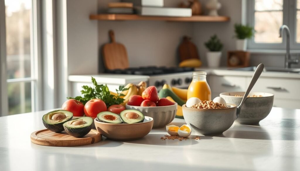 A clean, modern kitchen counter with an assortment of nutritious, gluten-free breakfast items arranged in a visually appealing manner. Fresh fruits, avocado, eggs, and healthy grain-free granola in rustic ceramic bowls. Warm, natural lighting from large windows illuminates the scene, casting gentle shadows. The overall atmosphere is one of simplicity, efficiency, and mindful nourishment, reflecting the 