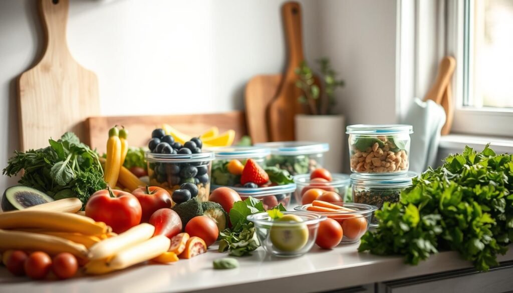 A clean, organized kitchen counter with an assortment of fresh, vibrant ingredients neatly arranged: crisp vegetables, plump fruits, and glass containers brimming with healthy meal components. The natural light filtering through the nearby window casts a warm, diffused glow, highlighting the textures and colors. A sense of simplicity and intentionality pervades the scene, conveying an atmosphere of wellness and mindful preparation. In the background, a few minimal kitchen accents, such as a wooden cutting board and a light blue towel, complement the overall aesthetic. The composition emphasizes the freshness and practicality of these meal prep strategies, inspiring the viewer to streamline their own lunchbox routines.