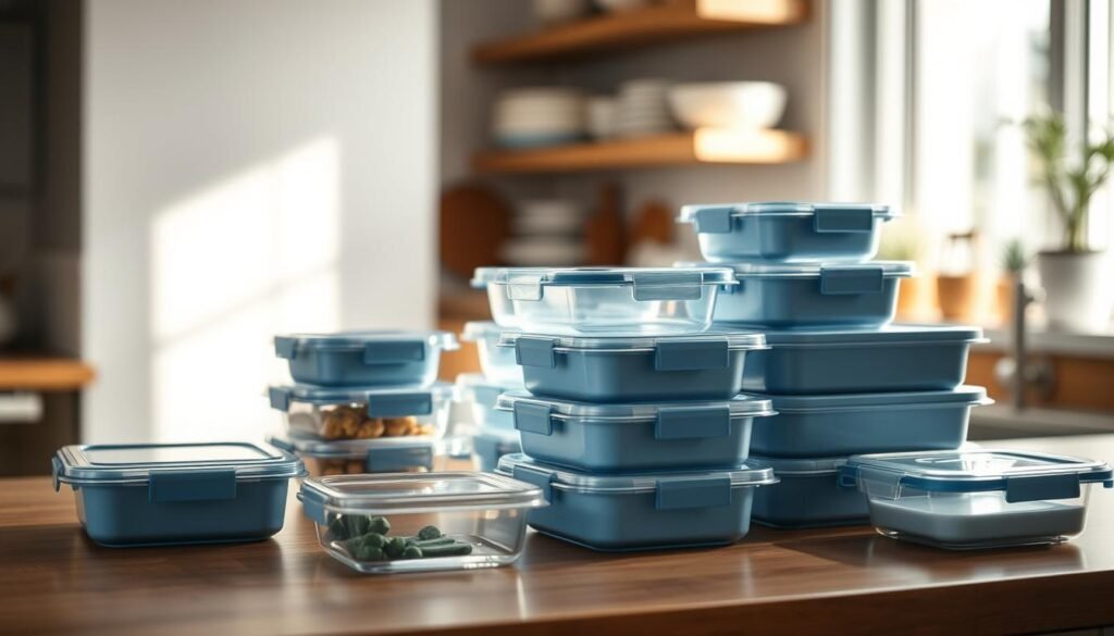 A clean, organized set of meal prep containers in varying sizes and shapes, meticulously arranged on a wooden countertop in a cozy, minimalist kitchen. Soft, natural light filters in through a nearby window, casting gentle shadows and highlighting the subtle blue accents. The containers, crafted from high-quality materials, gleam with a polished, functional aesthetic, ready to hold the perfectly portioned meals that will fuel a productive week ahead.