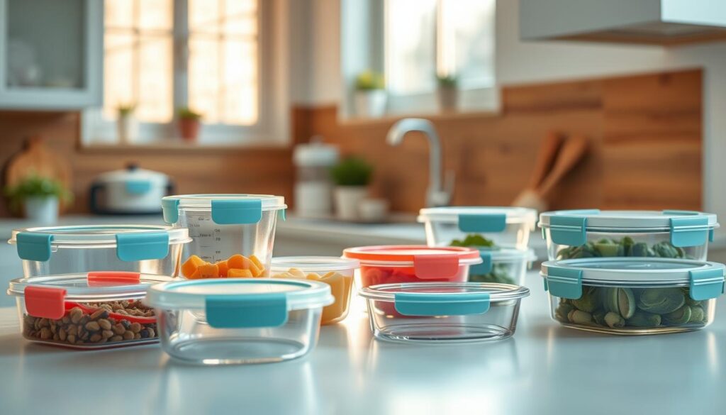 A clean, well-lit kitchen counter displays an array of airtight food storage containers in various sizes and shapes. The containers feature sleek, minimal designs with clear lids, silicone seals, and ergonomic handles. Thoughtful details like measurement markings and color-coded lids aid in organization and portion control. Soft natural light filters through nearby windows, creating a warm, inviting atmosphere complemented by the wooden textures and light blue accents of the kitchen setting. The containers are arranged to showcase their practical functionality and modern aesthetic, inspiring efficient meal prep and maximum freshness.