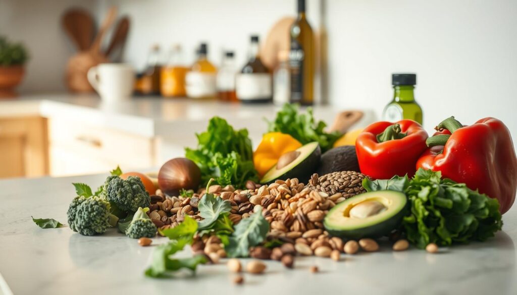 A clean, well-lit kitchen counter with an assortment of keto-friendly ingredients laid out neatly. In the foreground, a variety of fresh vegetables such as broccoli, spinach, and bell peppers are arranged. In the middle ground, assorted nuts, seeds, and avocado slices are displayed. In the background, a few jars of olive oil, coconut oil, and other healthy fats sit on a wooden shelf. The lighting is warm and natural, creating a cozy, inviting atmosphere. The overall composition emphasizes the freshness and nutritional value of the selected keto meal ingredients.