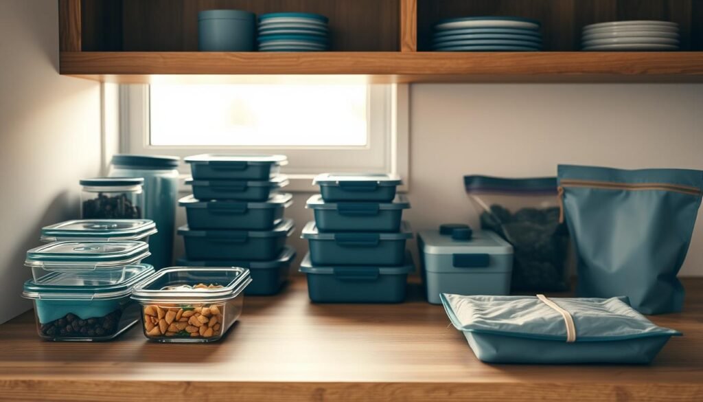A clean, well-organized kitchen counter showcasing a variety of meal prep storage solutions. Glass containers, bento-style lunch boxes, and reusable silicone bags in shades of blue and grey are neatly arranged, creating a visually appealing and functional display. Soft, natural lighting from a window casts a warm glow, highlighting the wooden textures of the countertop and shelving. The overall atmosphere is minimal, calming, and focused on practical, eco-friendly meal prep essentials.