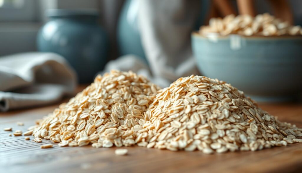 A close-up, macro-style photograph showcasing the distinct textures of quick-cooking oats and rolled oats in a cozy, minimal kitchen setting. The quick oats appear finely-ground, with a soft, delicate, and pillowy appearance, while the rolled oats display a coarser, flakier, and more substantial texture. The two piles of oats are arranged side-by-side on a wooden table or surface, with gentle natural lighting illuminating the nuanced differences. Subtle blue accents in the background, such as a ceramic bowl or a kitchen towel, complement the earthy tones of the oats, creating a soothing and inviting atmosphere.